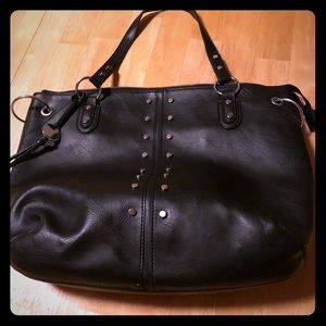 Nichole Miller black tote with blue satin interior